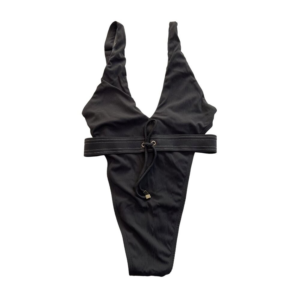 Black Deep V One-Piece Swimsuit - Unbranded